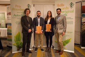 L to R, Etienne Bélanger, FPAC Forestry Director, Patrice Bellefleur and Taylor Wale, 2015 Aboriginal Youth Skills Award Winners and Kris Bergmann with the Canadian Council of Forest Ministers Secretariat. The award targets students with a demonstrated commitment to their field of study and a career in the revitalized forest sector.