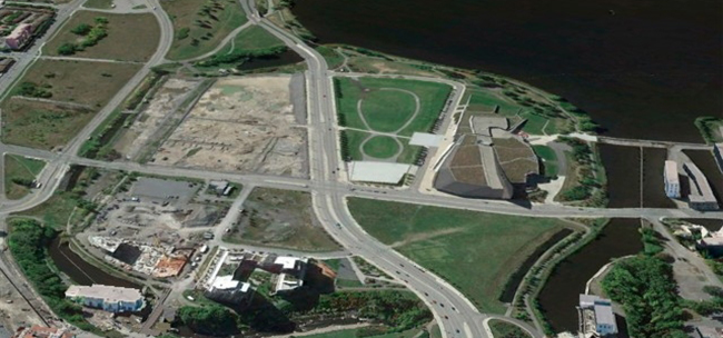 Aerial view of the Lebreton Flats area in Ottawa.  