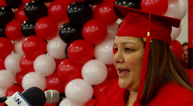 Long Lake #58’s Carolyn Hardy delivers one of two valedictorian speeches during the Kiikenomaga Kikenjigewen Employment and Training Services Aboriginal Skills Advancement Program graduation ceremony on March 3. She plans to continue her studies at Confederation College.