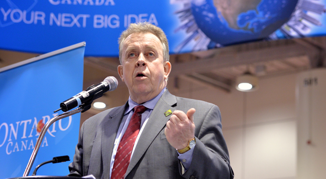 Ontario Northern Development and Mines Minister Michael Gravelle speaks at the opening of the Ontario Podium, on Monday, March 7, 2016, at the 2016 Prospectors and Developers Association of Canada Convention. The event was held at the Metro Toronto Convention Centre from March 6-9. –Photo courtesy: Ministry of Northern Development and Mines 