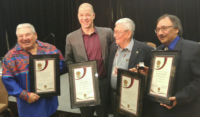 Stan Jonathan, Chris Simon, Jim McGregor and Mervin Cheechoo are the newest Little NHL Hall of Fame inductees. – Photo by Anne Marie Sanford