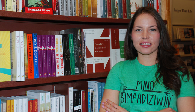 Jessica Benson visits the Native history shelves at her local bookstore. Benson teaches in Ojibwe on Manitoulin Island. 