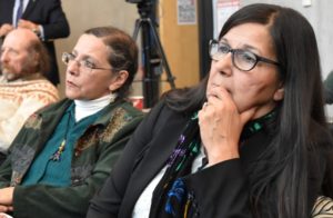 With the official launch of the RBC Treaty Learning Centre, President of the Board of Directors of the North Bay Indian Friendship Centre Katherin Sarazin with Executive Director Kathy Fortin listen to Indian Residential School Survivor June Commanda, during the topic Reconciliation in Ontario.