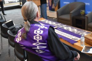 Ontario Human Rights Commissioner Maurice Switzer's Wampum vest at Treaty Week Launch at Nipissing University.
