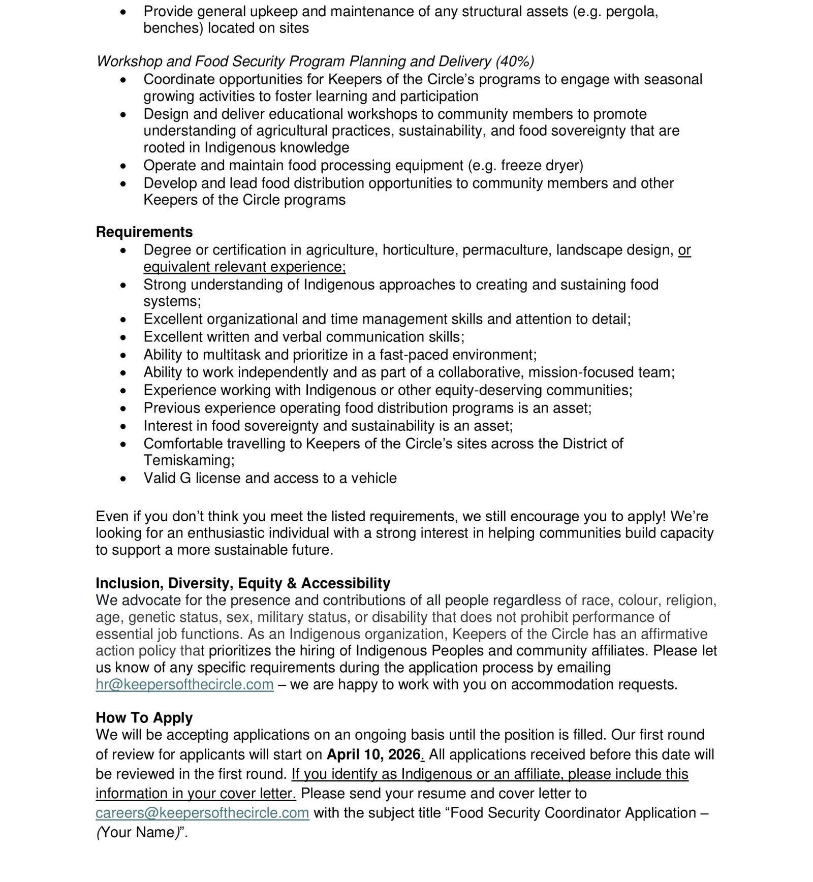 Food Security Coordinator job post page 2