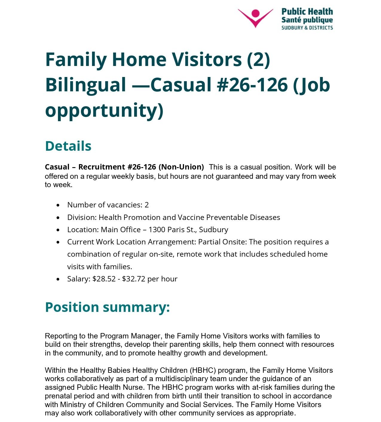 Family Home Visitors (2) Bilingual - Casual Job post page 1