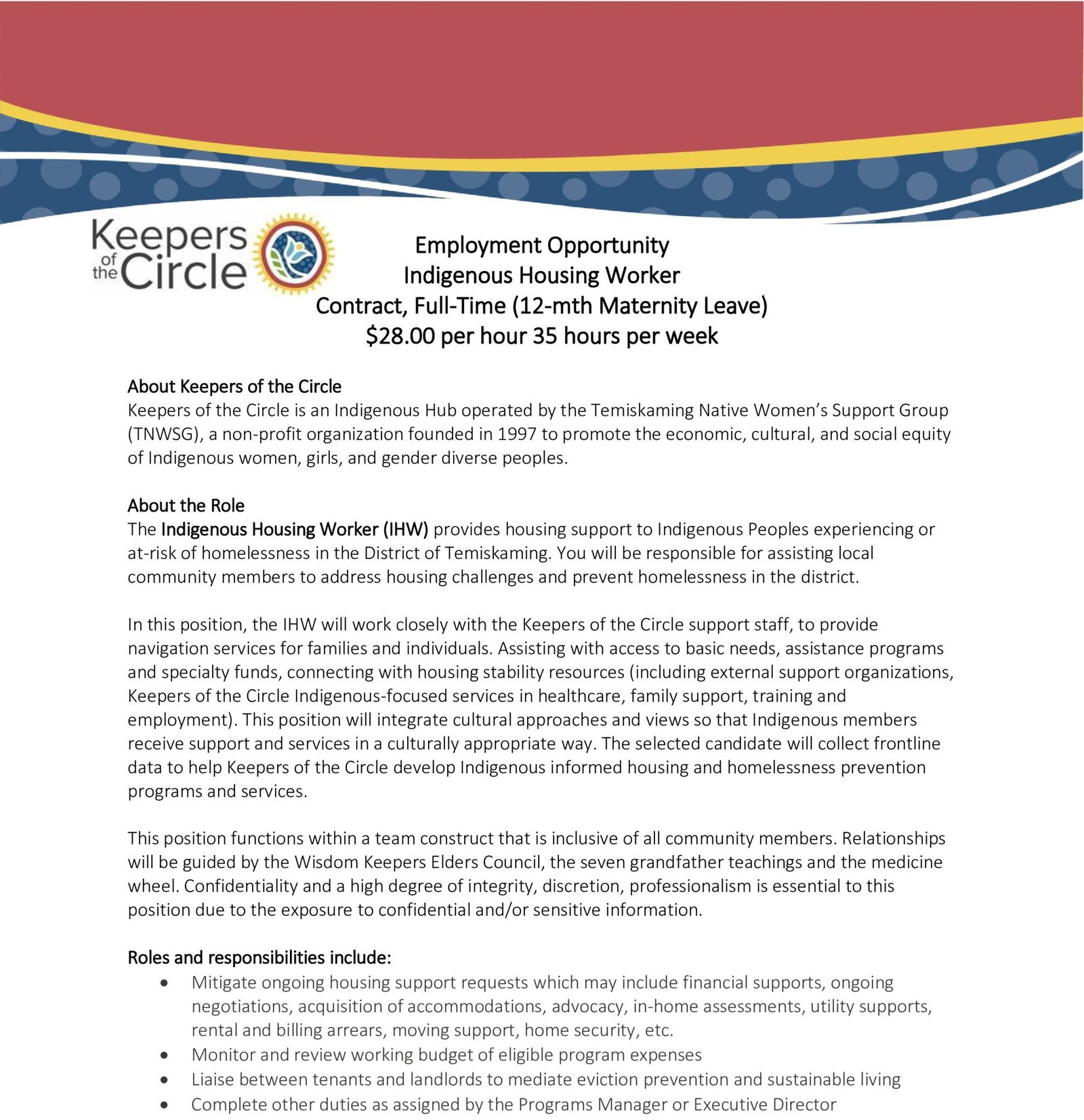 Indigenous Housing Worker job post page 1