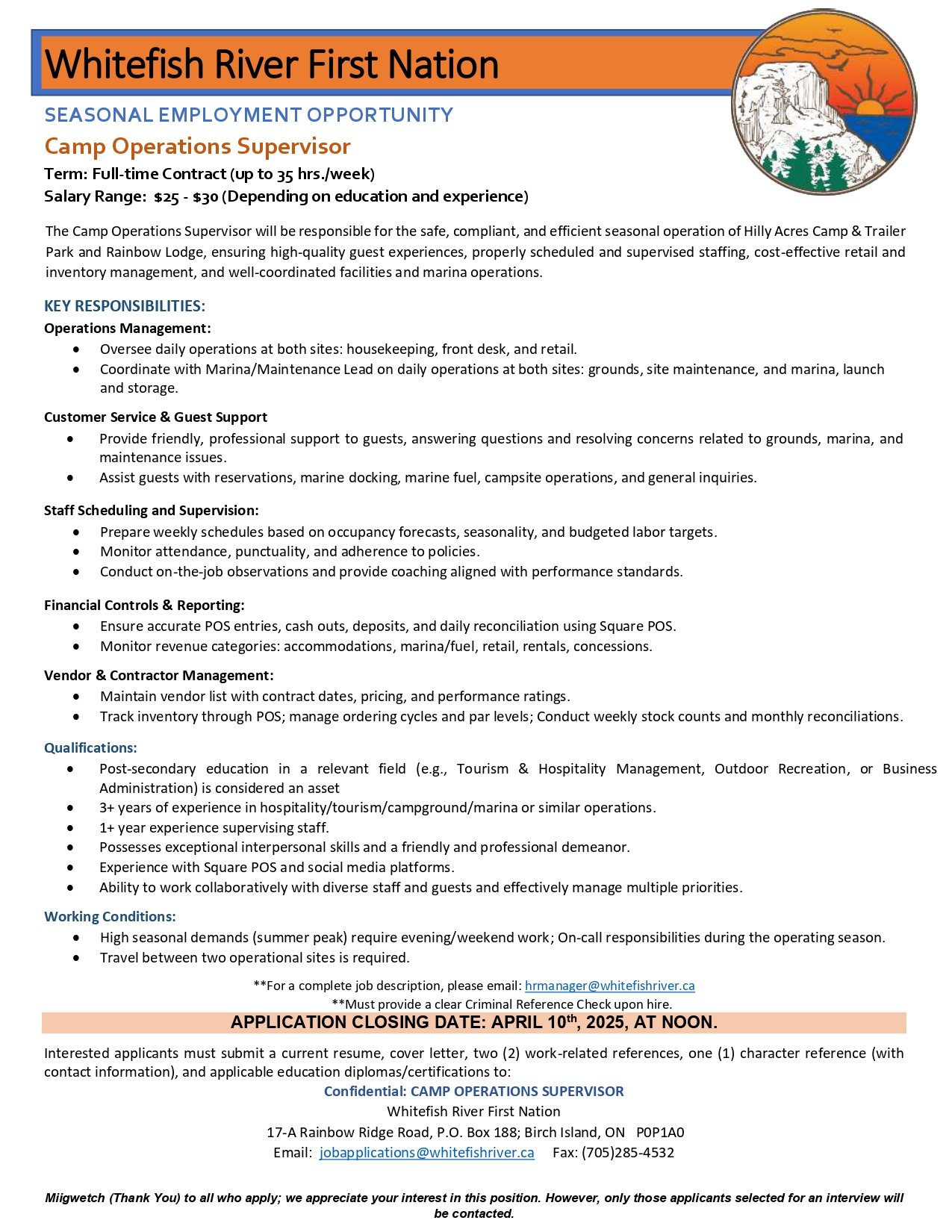 Camp Operations Supervisor job post