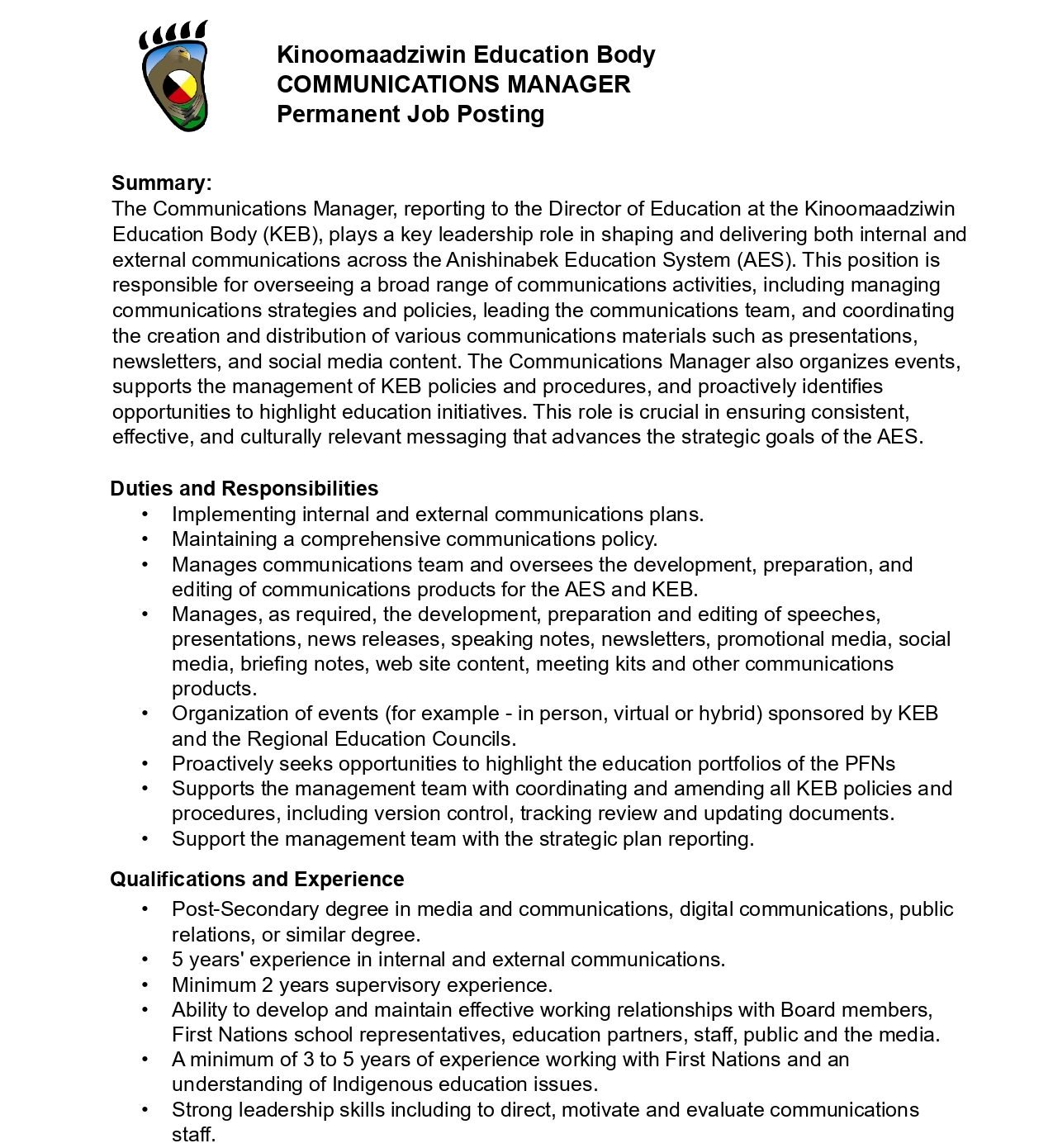 Communications Manager job post page 1