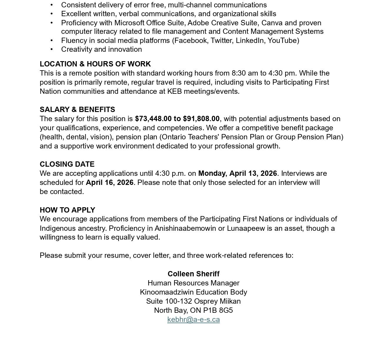 Communications Manager job post page 2