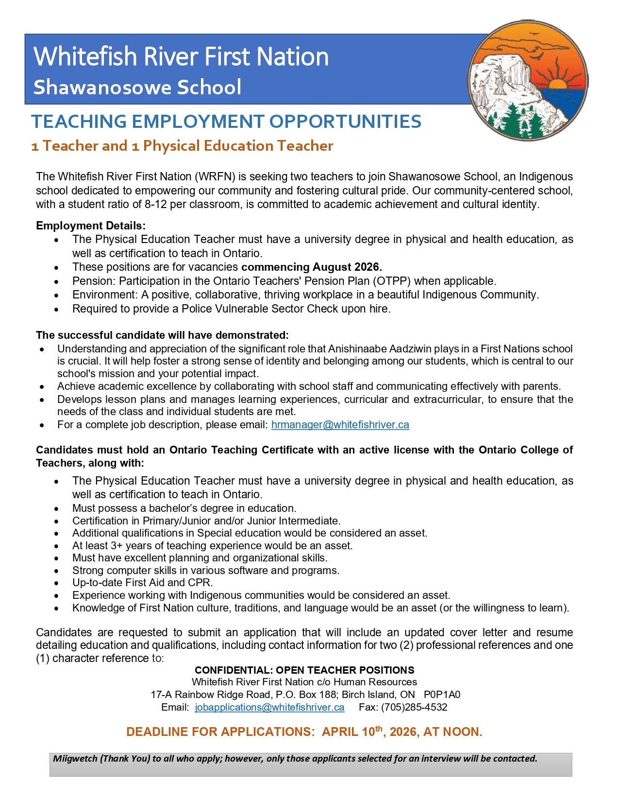 1 Teacher and 1 Physical Education Teacher job post