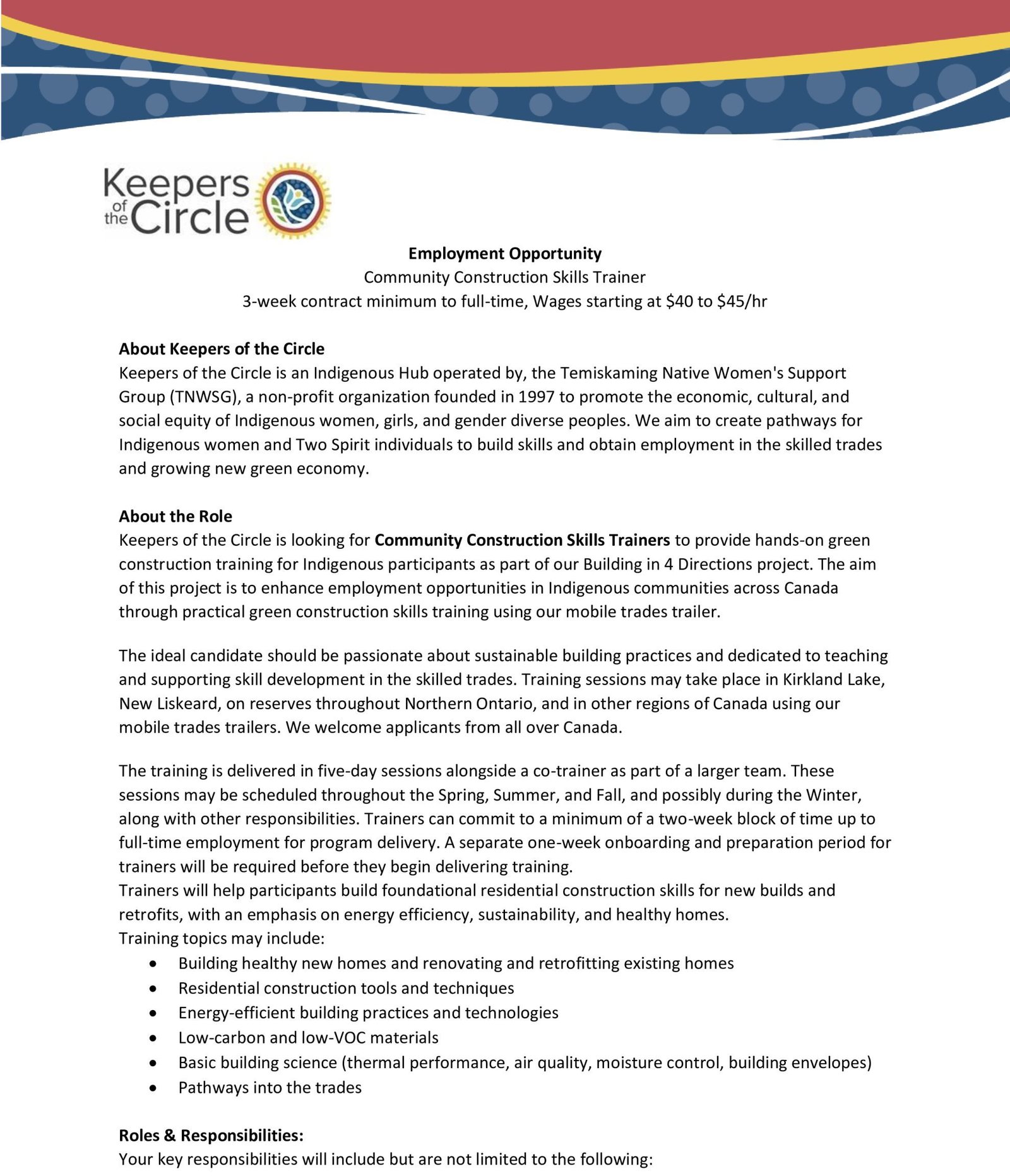 Community Construction Skills Trainer job post page 1
