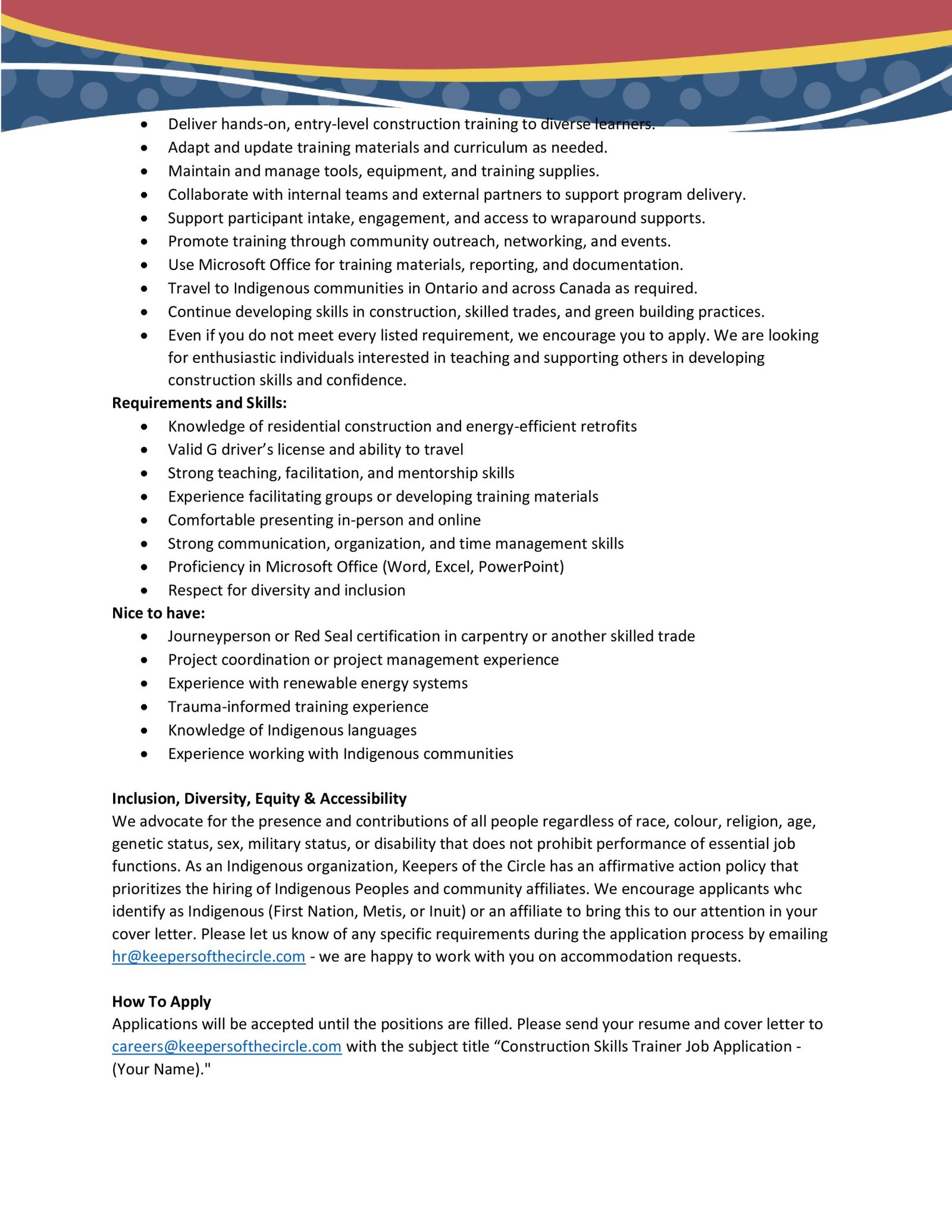 Community Construction Skills Trainer job post page 2