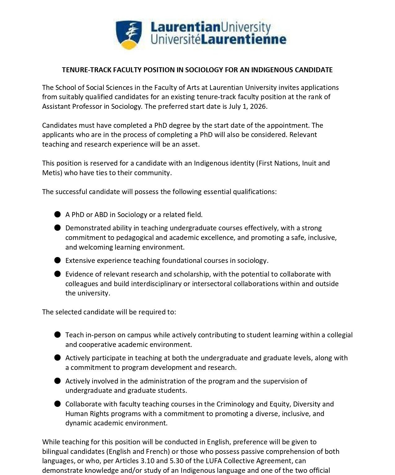 Tenure-Track Faculty Position in Scociology for an Indigenous Candidate 1