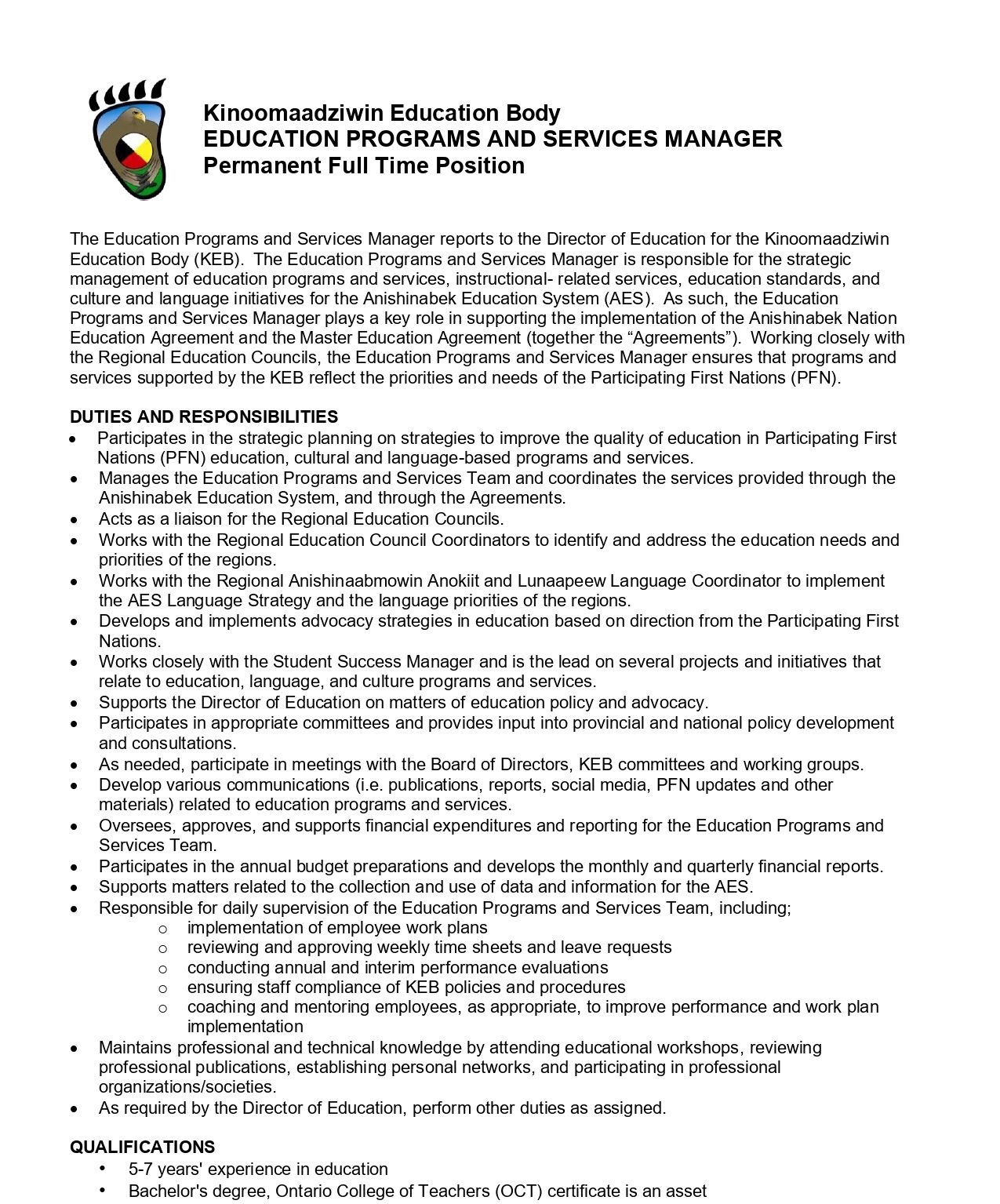 Education Programs and Services Manager 1
