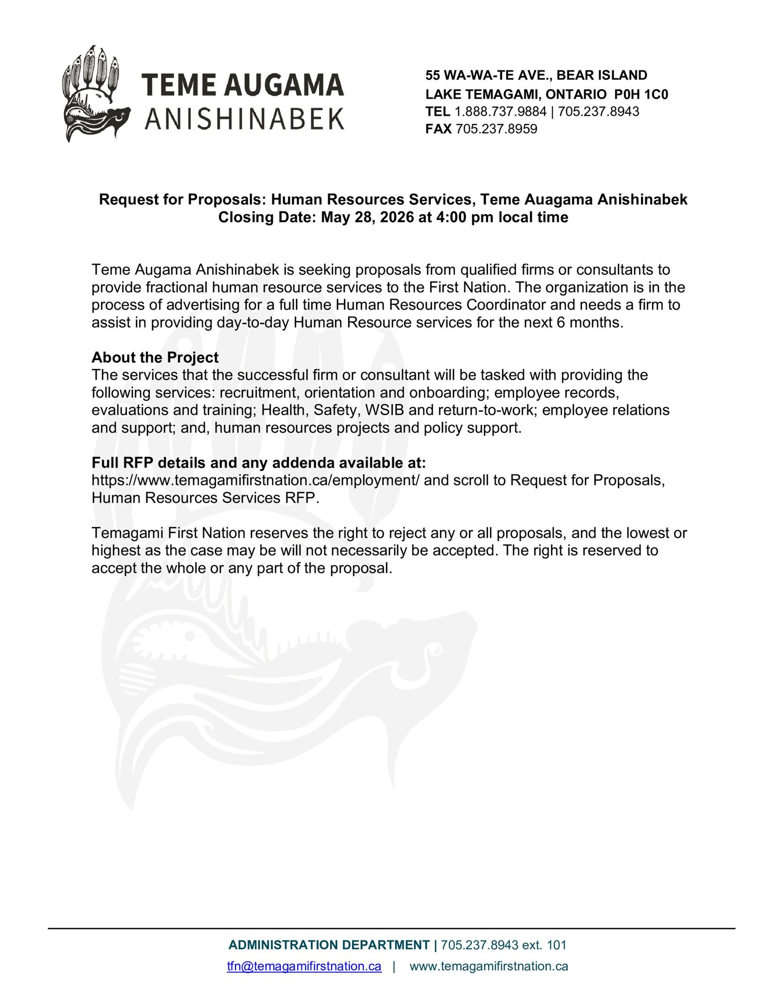 Request for Proposals: Human Resources Services, Teme Auagama Anishinabek
