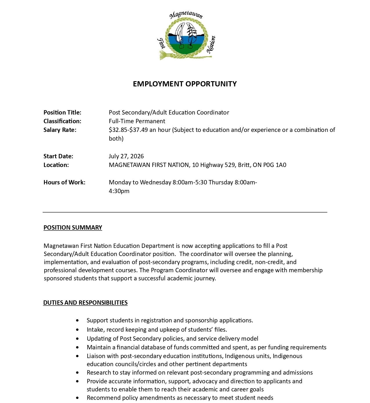 Post Secondary/Adult Education Coordinator 