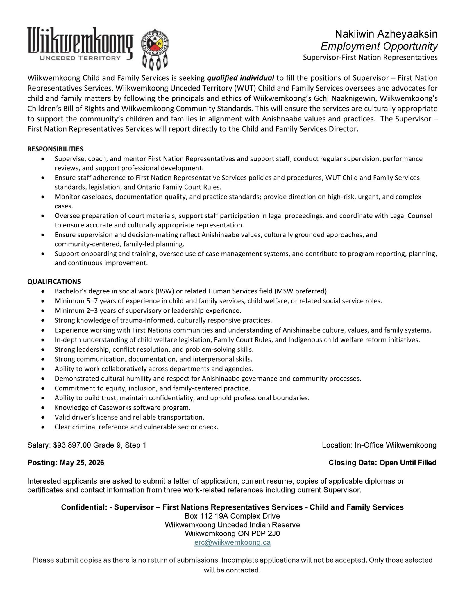 Supervisor - First Nation Representatives