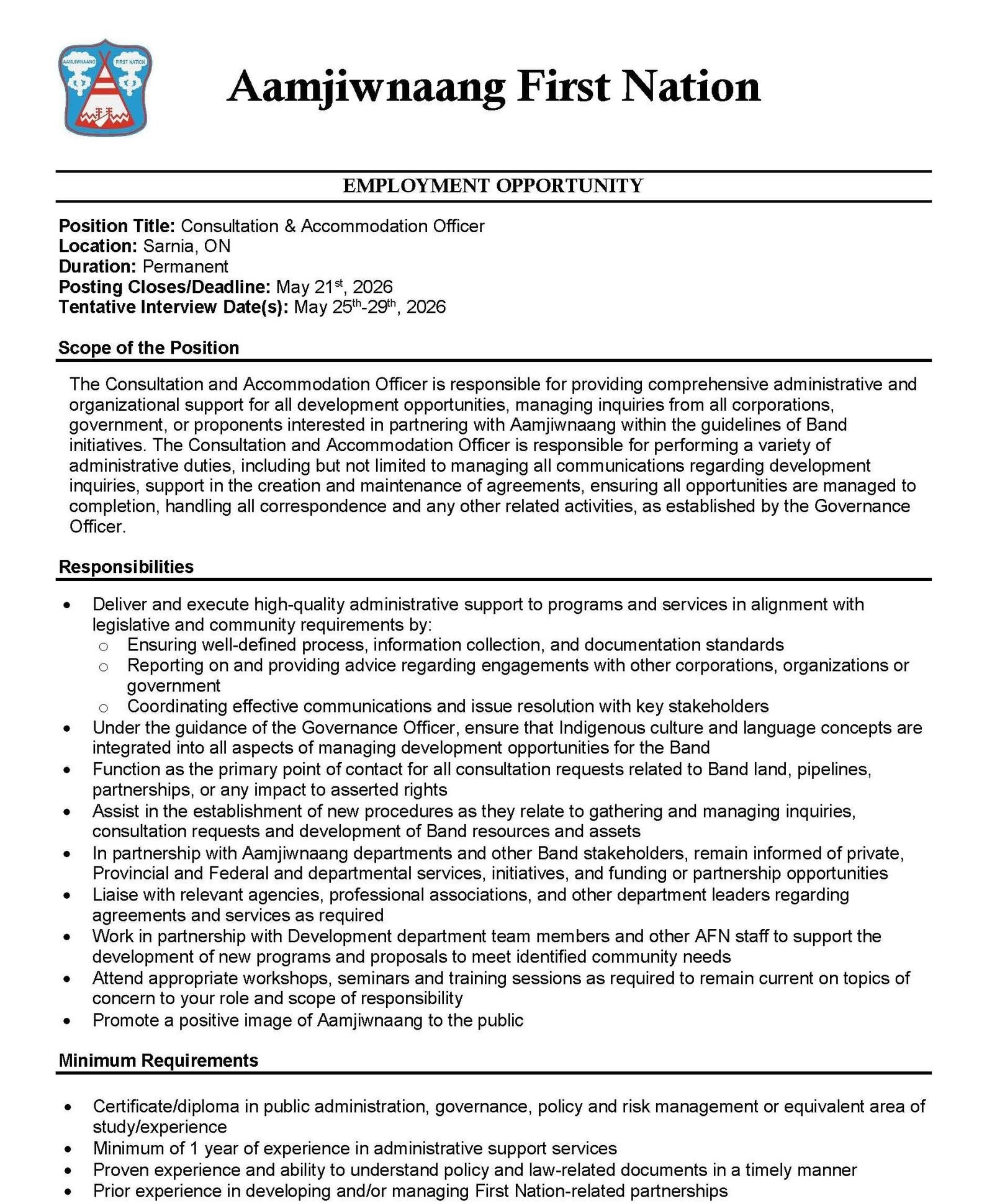 Consultation & Accomodation Officer 1