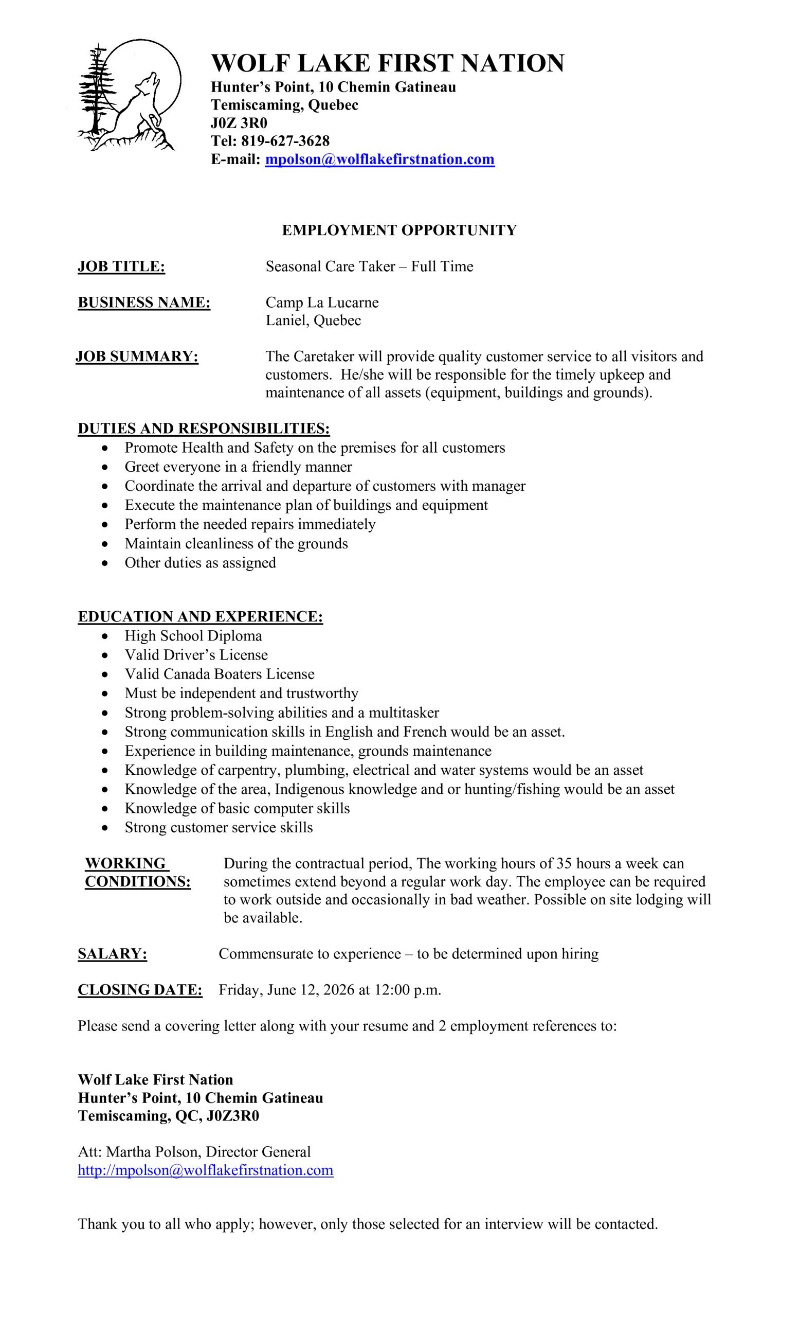 Seasonal Care Taker - Full Time 