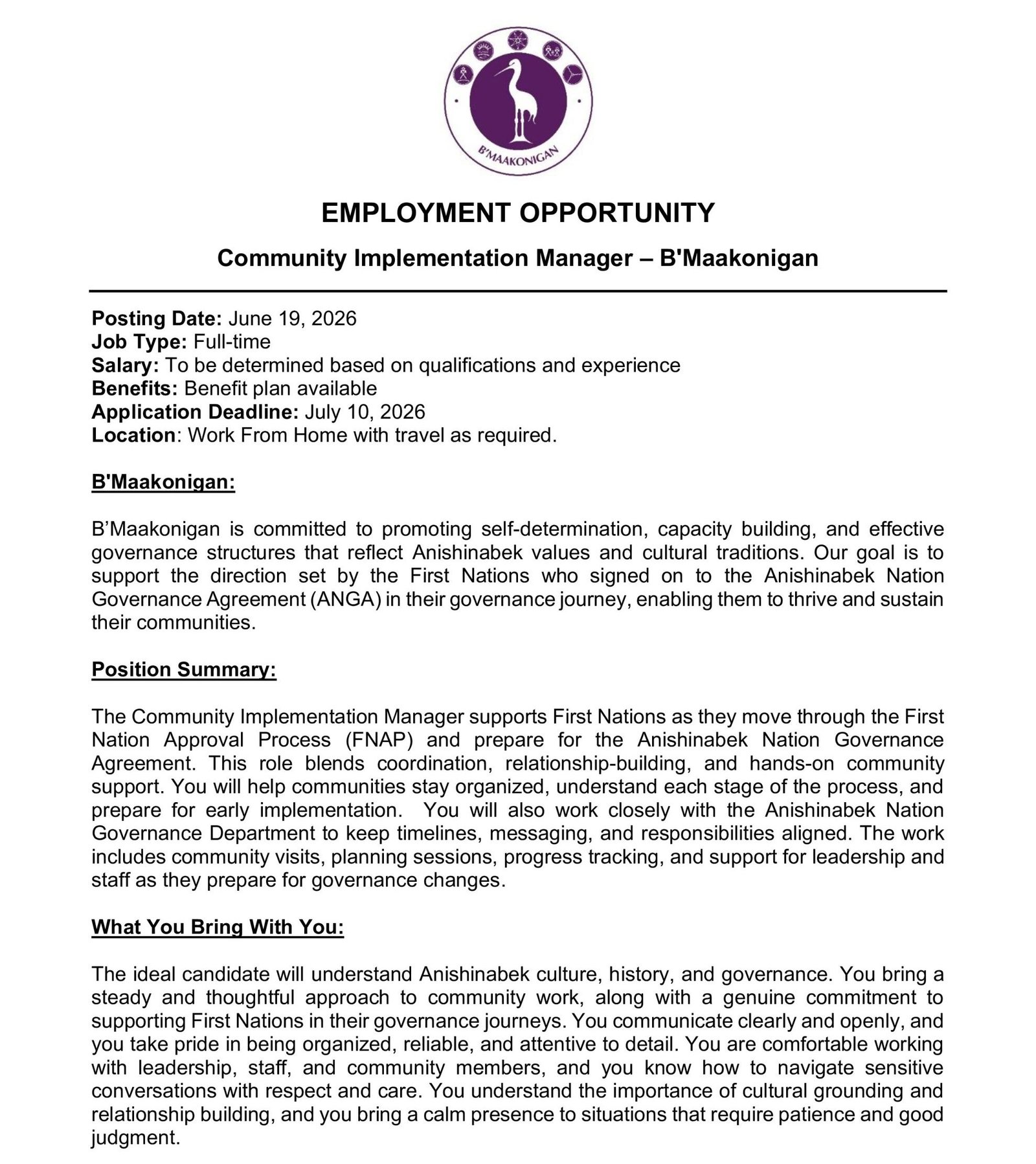 Community Implementation Manager - B'Maakonigan 1