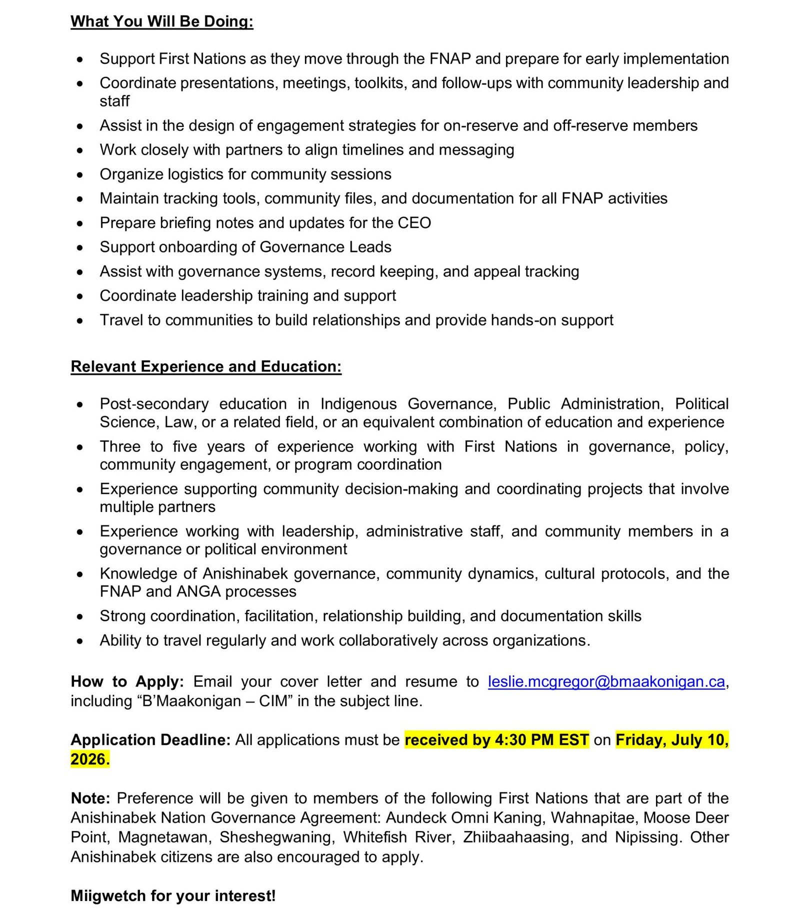 Community Implementation Manager - B'Maakonigan 2