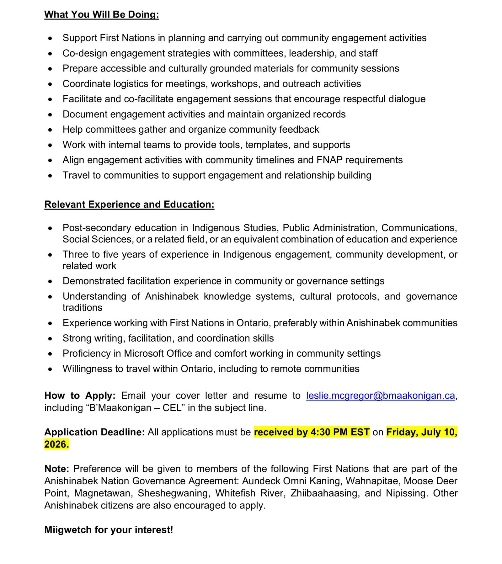 Community Engagement Lead - B'Maakonigan 2