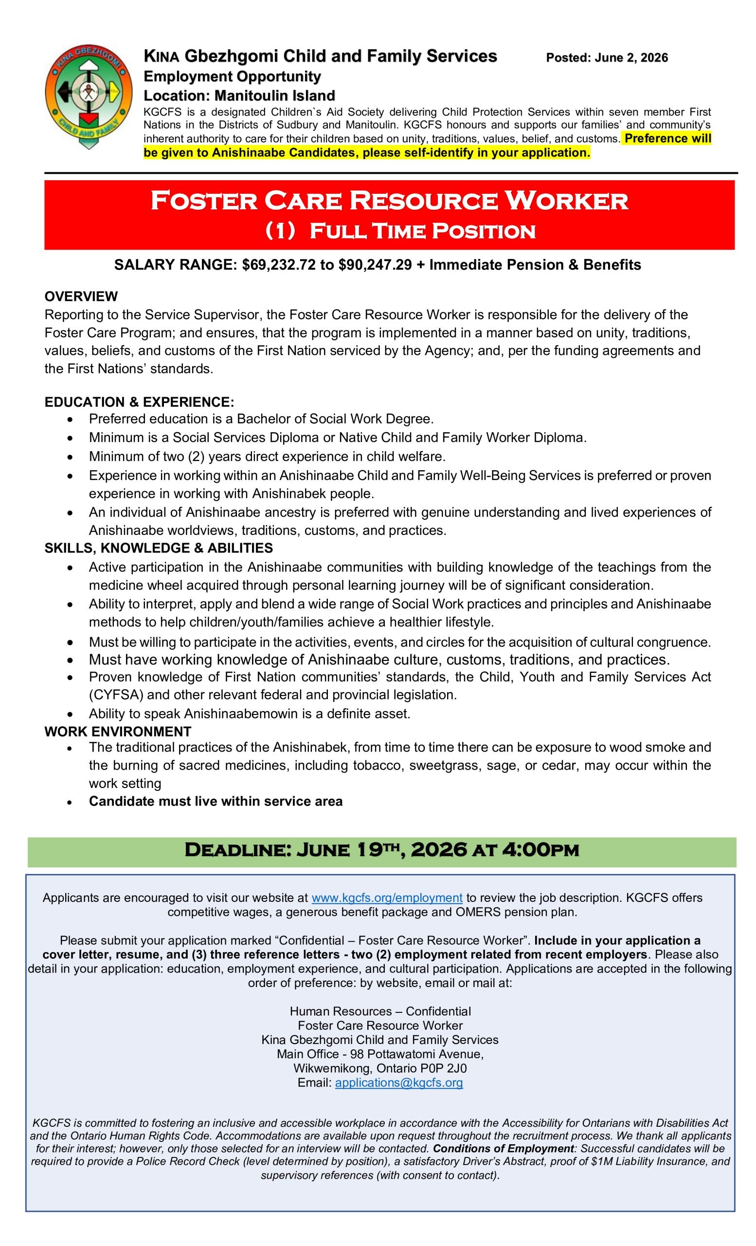 Foster Care Resource Worker - Full Time Position