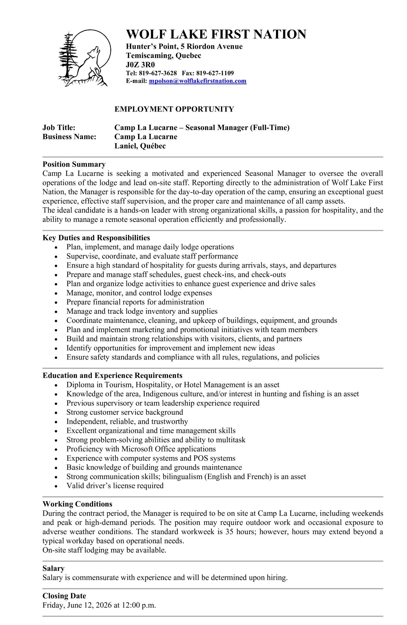 Camp La Lucarne - Seasonal Manager (Full-Time)