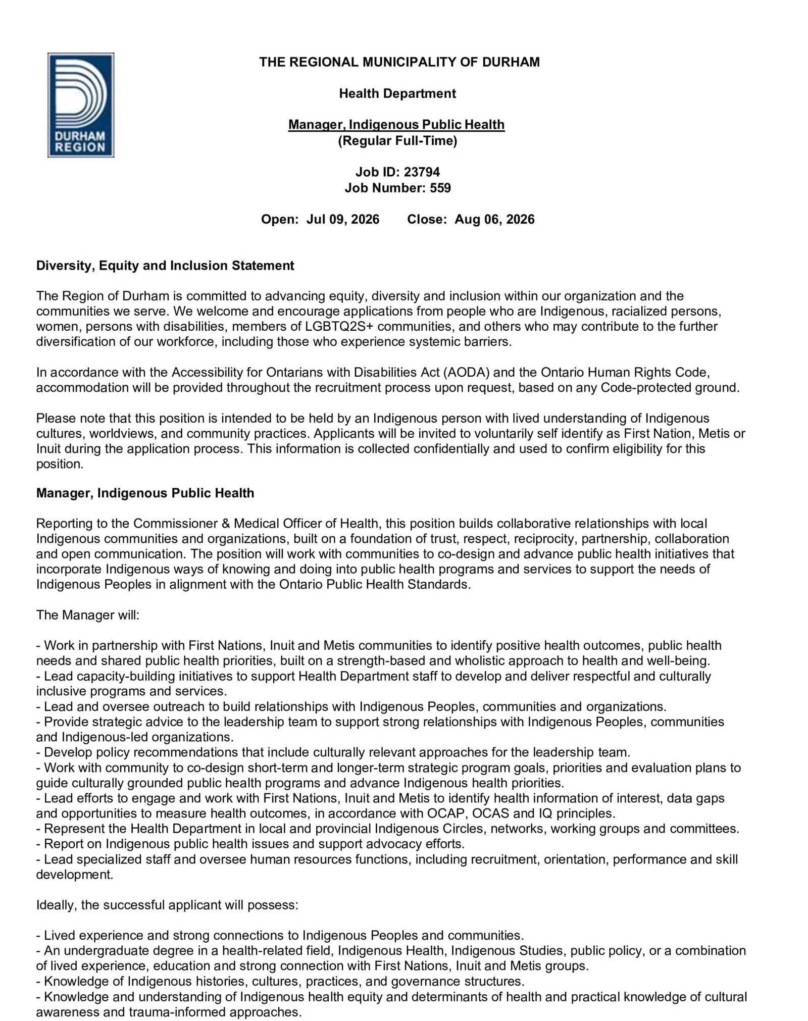 Manager, Indigenous Public Health 1