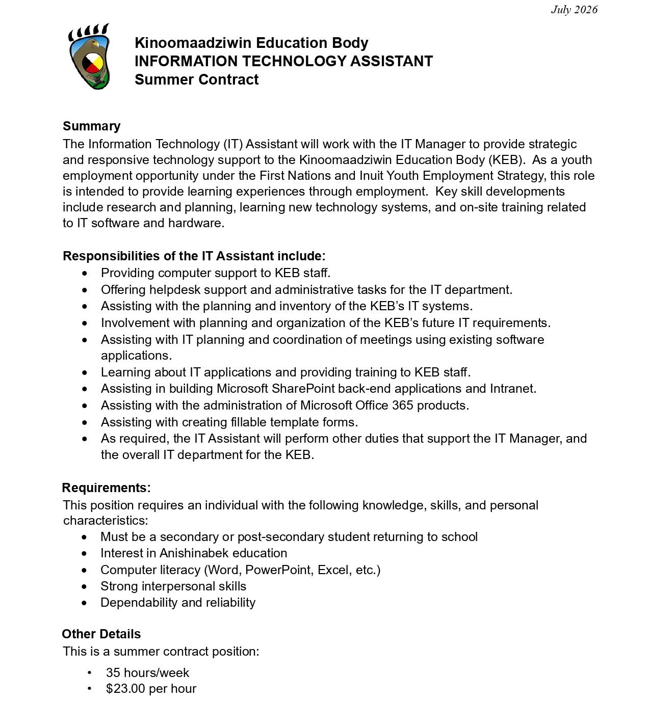 Information Technology Assistant Summer Contract 1