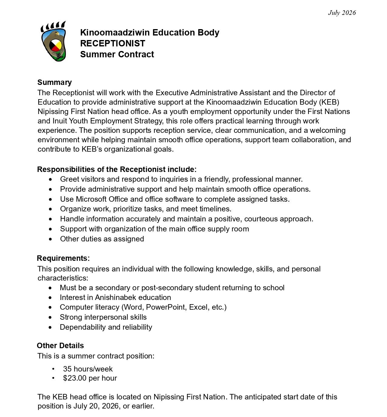 Receptionist Summer Contract 1