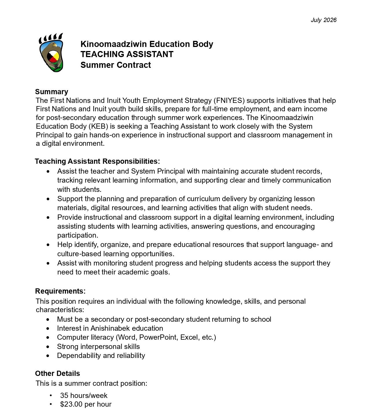 Teaching Assistant Summer Contract 1