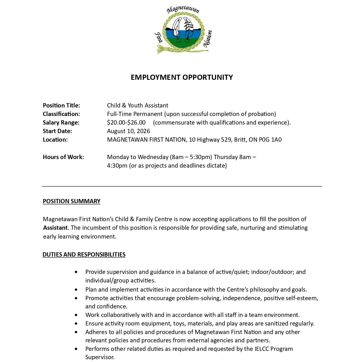 Child & Youth Assistant 1