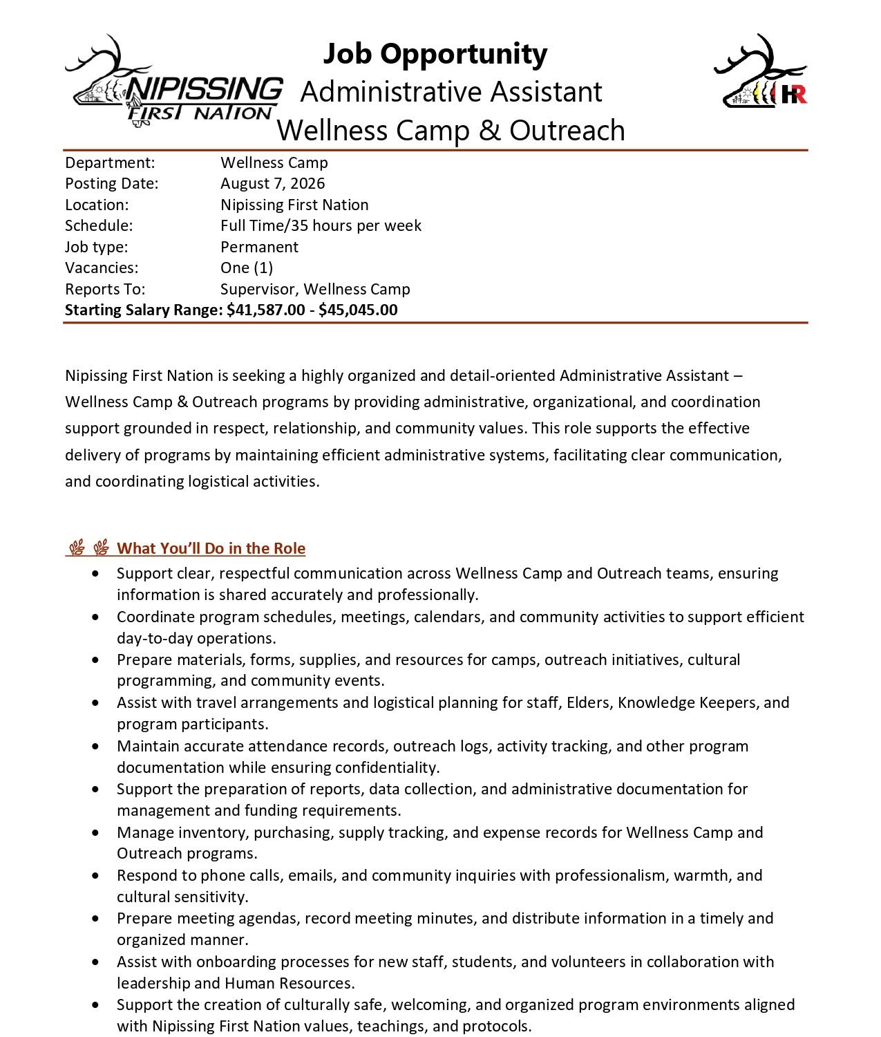 Administrative Assistant Wellness Camp & Outreach 1
