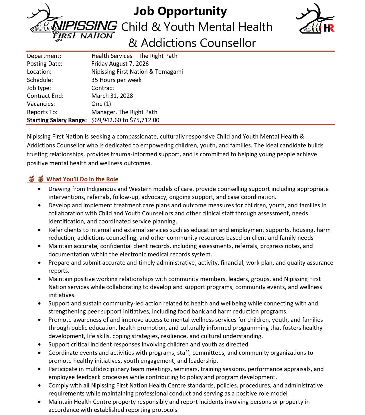 Child & Youth Mental Health & Addictions Counsellor 1