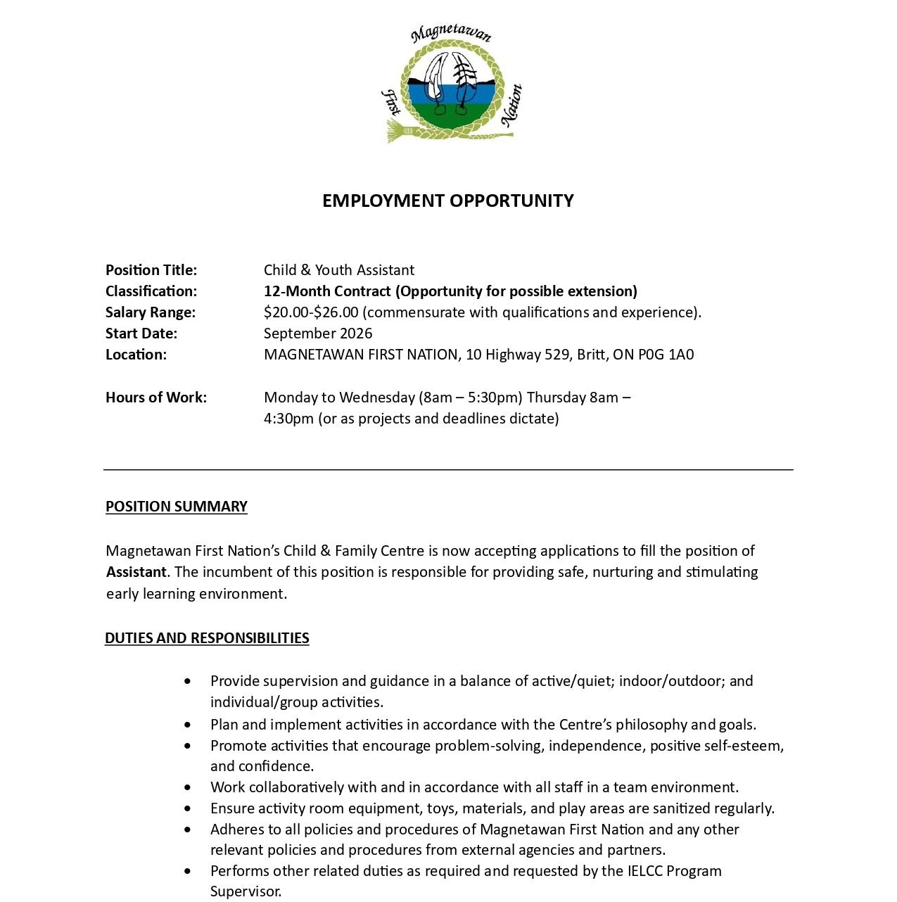 Child & Youth Assistant 1