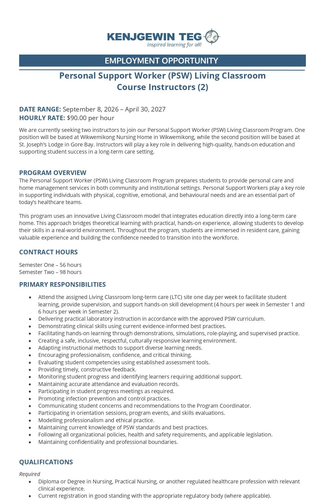 Personal Support Worker (PSW) Living Classroom Course Instructors (2)