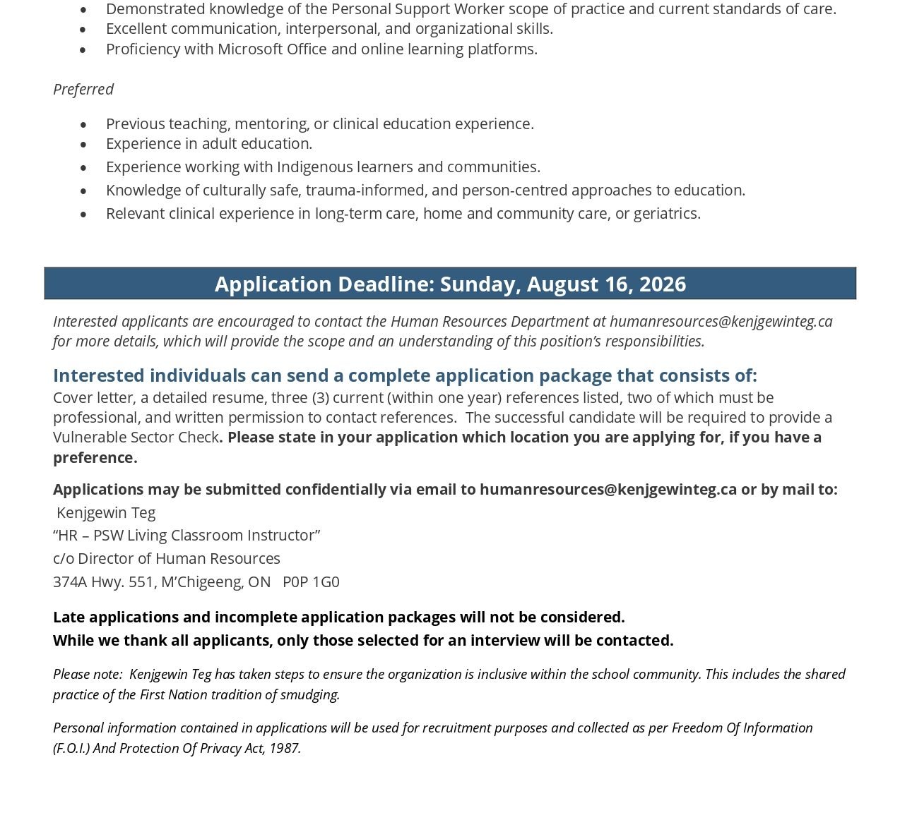 Personal Support Worker (PSW) Living Classroom Course Instructors (2) 2
