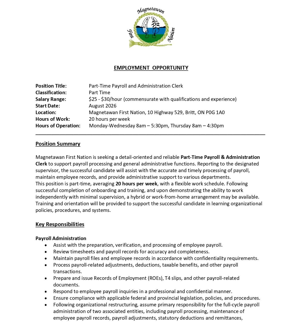 Part-Time Payroll and Administration Clerk 1
