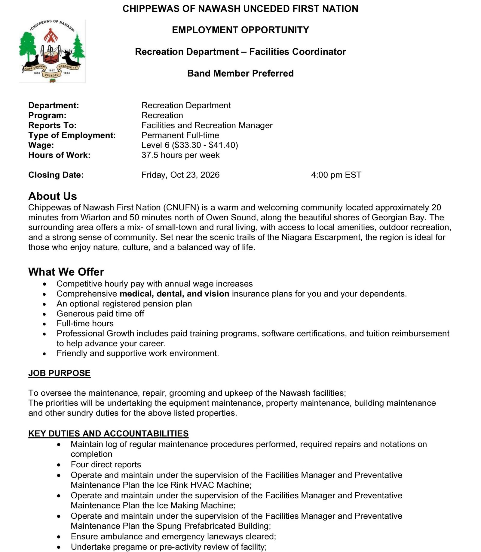 Recreation Department - Facilities Coordinator 1