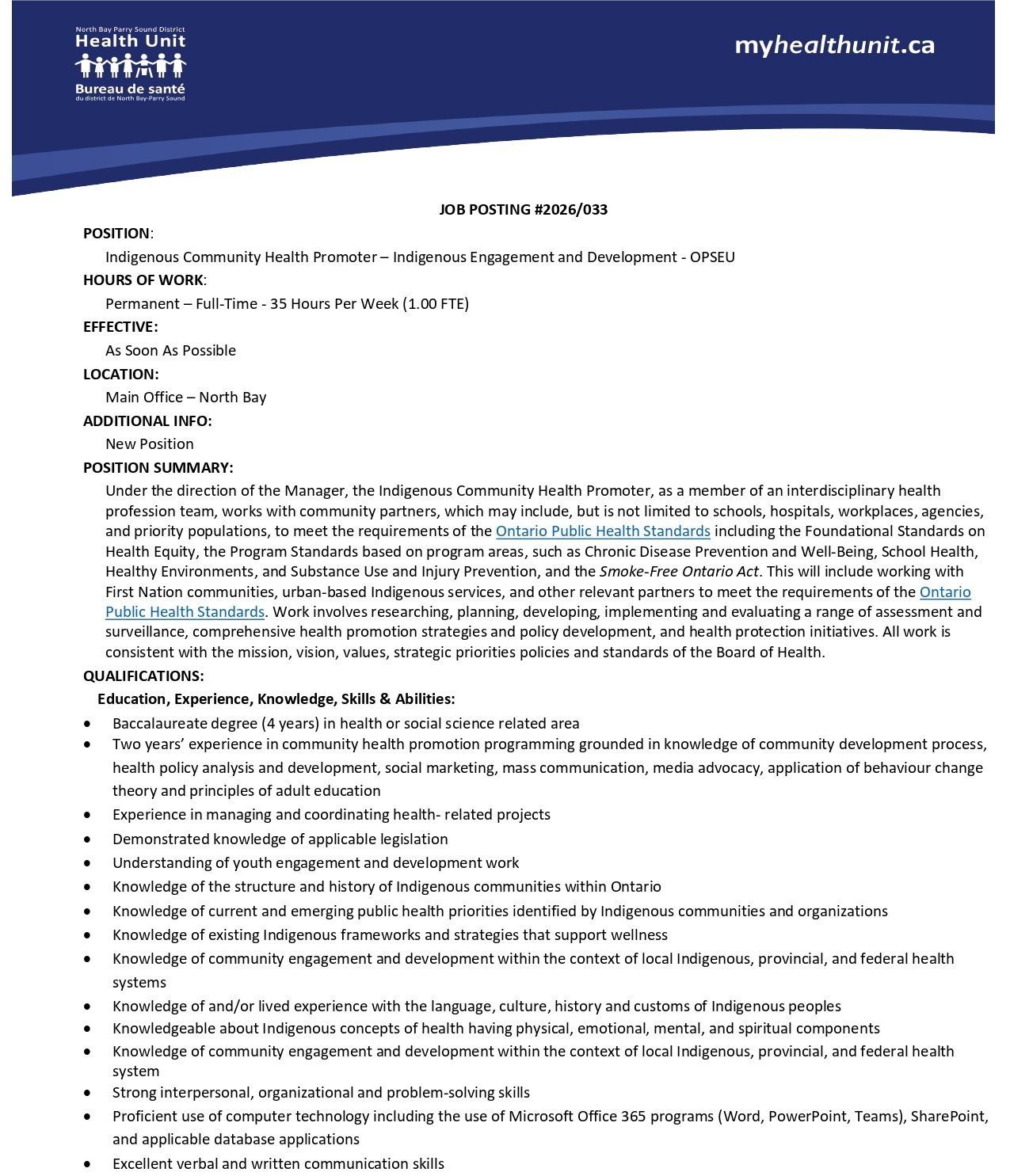 Indigenous Community Health Promoter - Indigenous Engagement and Development - OPSEU 1