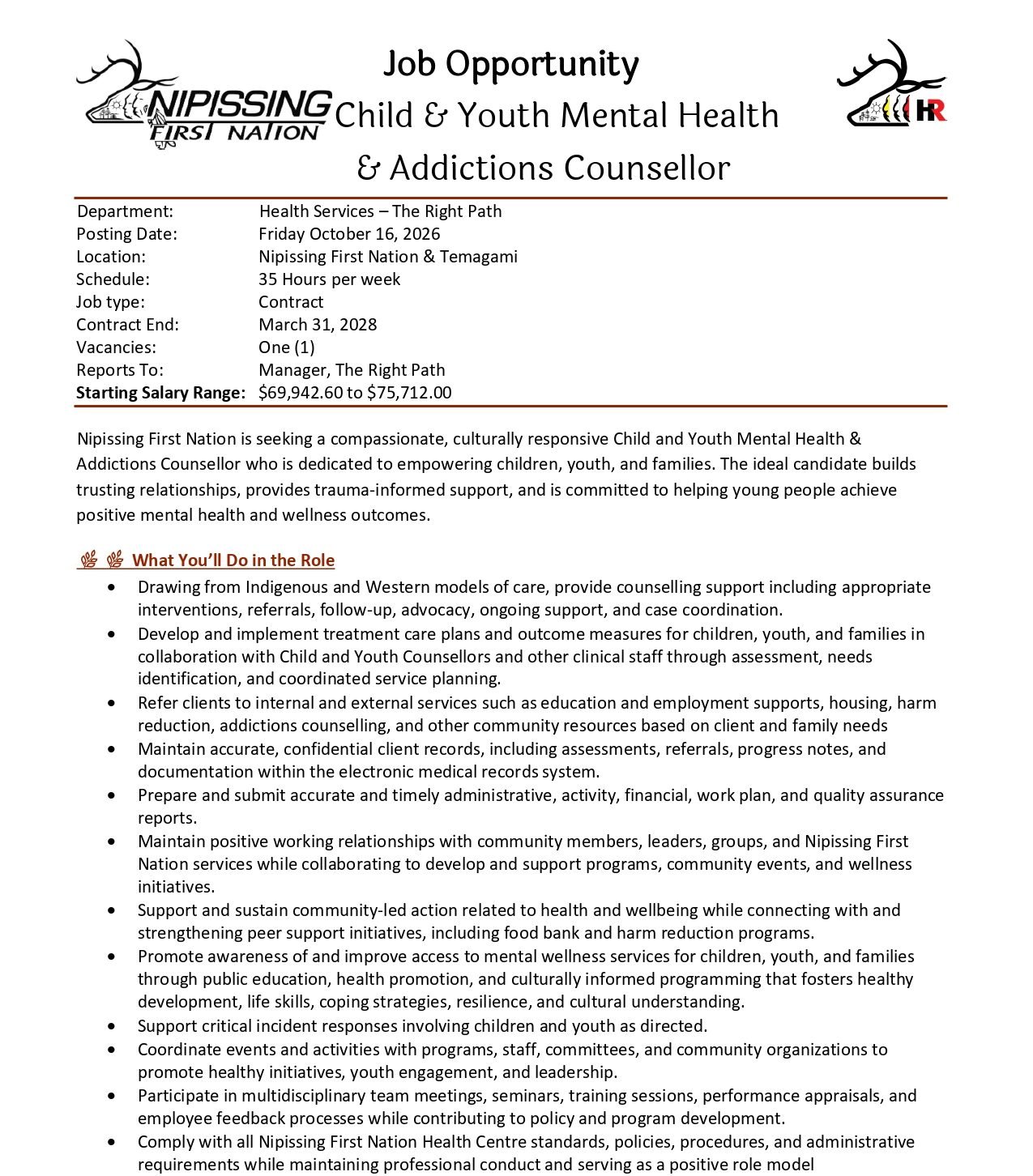 Child & Youth Mental Health & Addictions Counsellor 1
